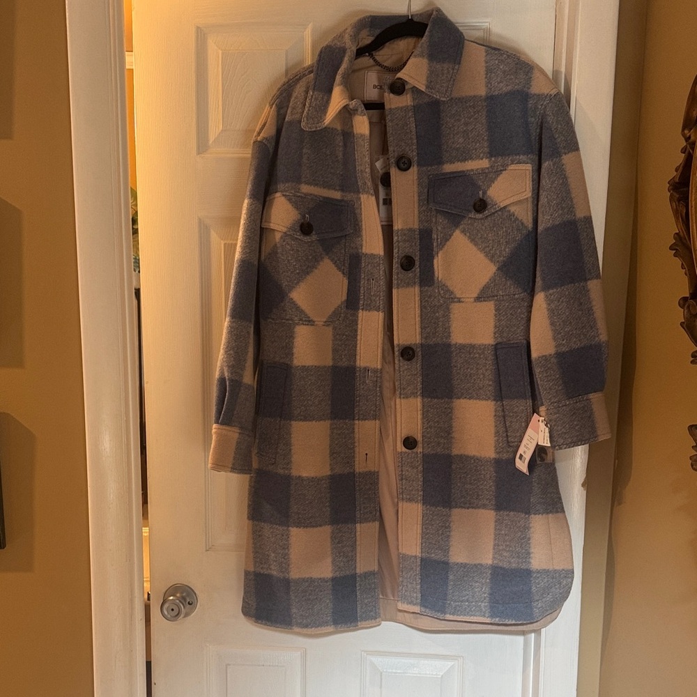 BCBG Blue and Cream Plaid Coat